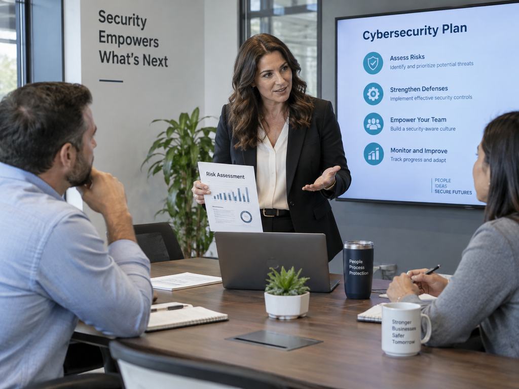Cybersecurity advisor presenting a security risk-management plan to business leaders.