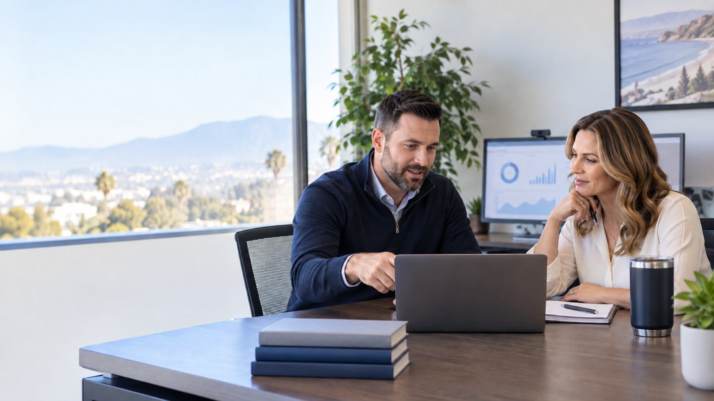 Two business professionals reviewing technology plans on a laptop in a bright office.
