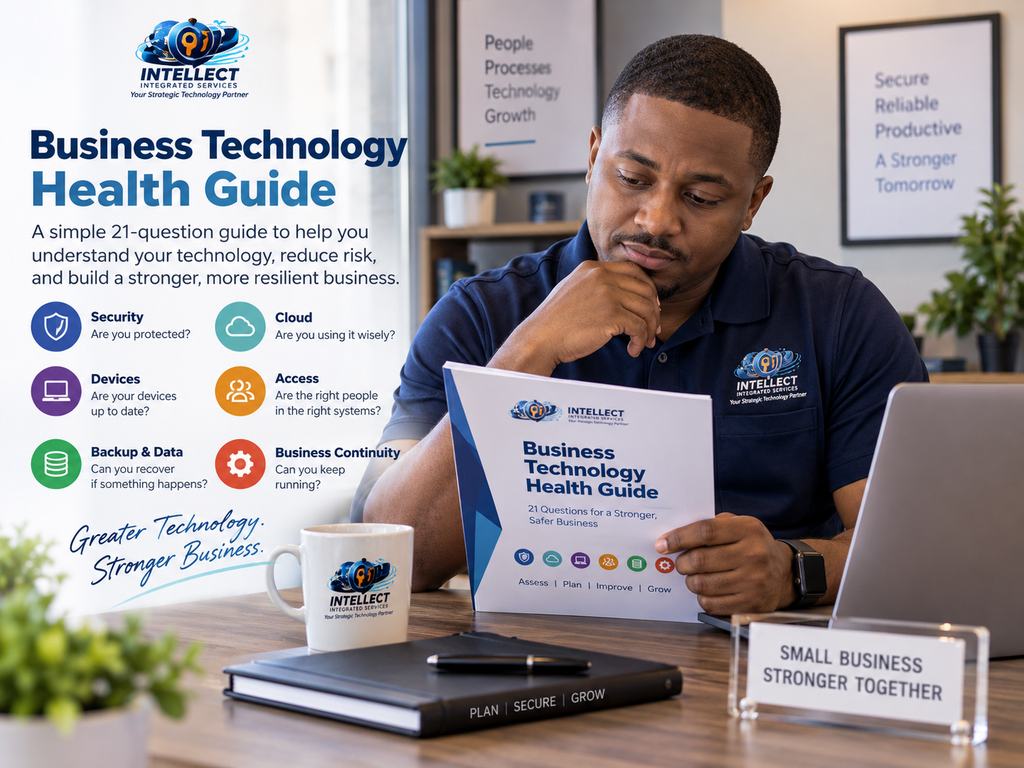 Small-business owner reviewing the IIS Business Technology Health Guide